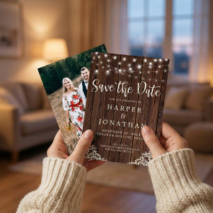 Rustic Wood String Lights Wedding Save the Date