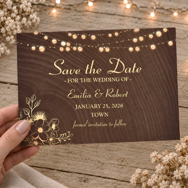 Rustic Wood String Lights Wedding Save The Date (Creator Uploaded)