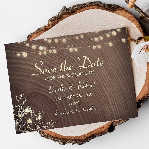 Rustic Wood String Lights Wedding Save The Date