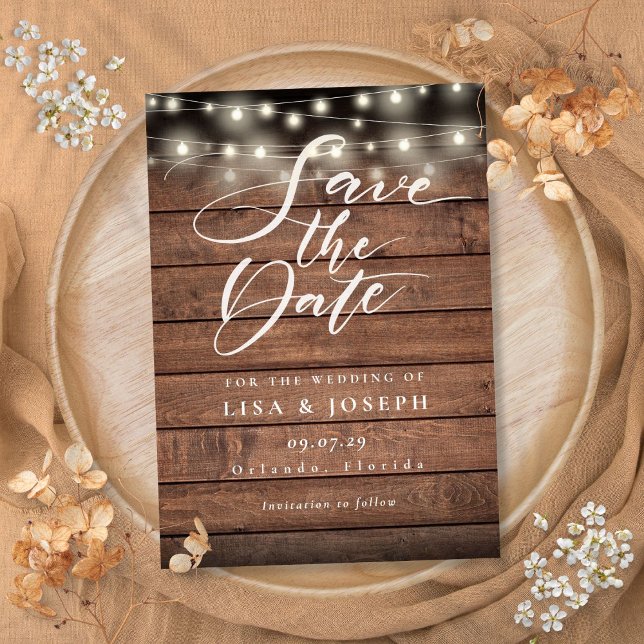 Rustic Wood String Lights Wedding Save the Date (Rustic Wood String Lights Wedding Save the Date)