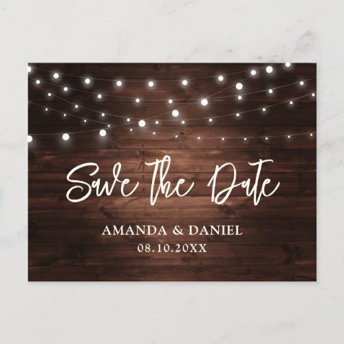 Rustic Wood String Lights Wedding Save The Date Announcement Postcard