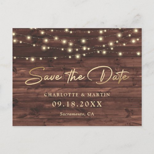 Rustic Wood String Lights Wedding Save The Date Announcement Postcard