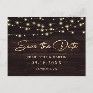 Rustic Wood String Lights Wedding Save The Date Announcement Postcard