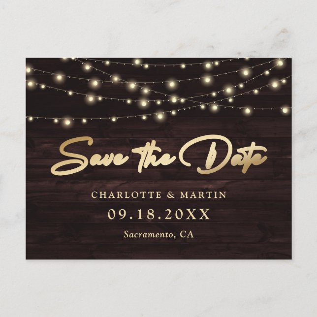 Rustic Wood String Lights Wedding Save The Date Announcement Postcard (Front)
