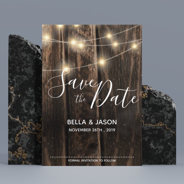 Rustic Wood String Lights Wedding Save The Date Magnetic Invitation (Rustic Wood String Lights Wedding Save The Date Magnetic Invitation)