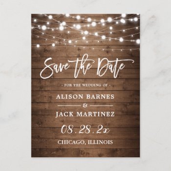 Rustic Wood String Lights Wedding Save the Date Postcard