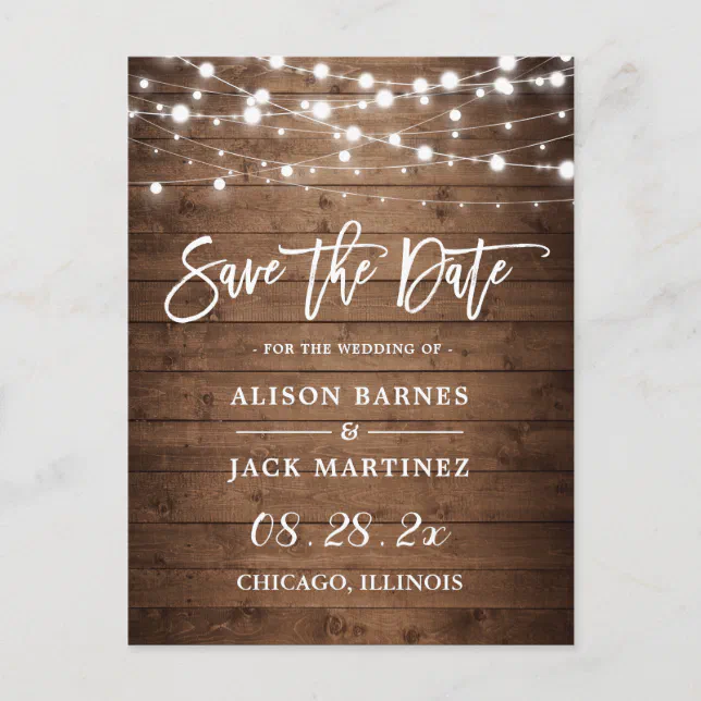 Rustic Wood String Lights Wedding Save the Date Postcard | Zazzle