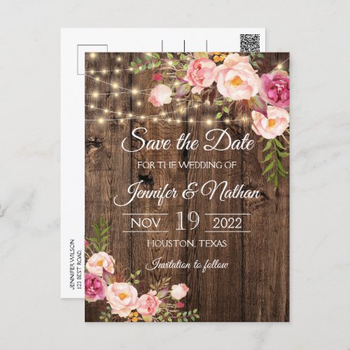 Rustic Wood String Lights Wedding Save the Date Postcard