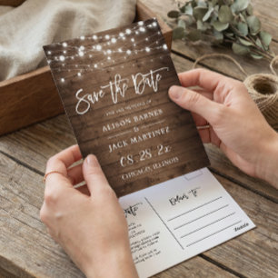 Rustic Wood String Lights Wedding Save the Date Postcard