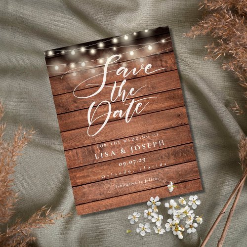 Rustic Wood String Lights Wedding Save the Date Postcard