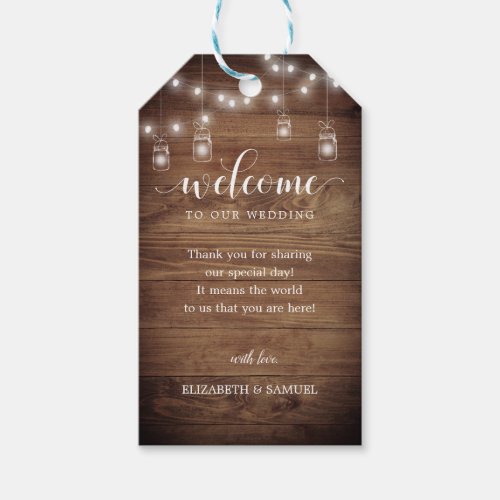 Rustic Wood String Lights Wedding Script Welcome Gift Tags