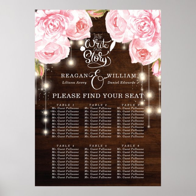 Rustic Wood String Lights Wedding Seating Charts (Front)