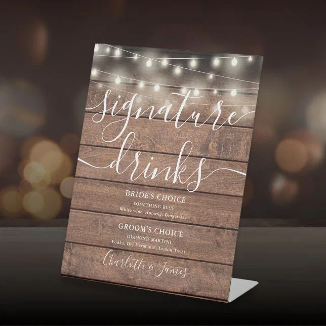 Rustic Wood String Lights Wedding Signature Drinks Pedestal Sign | Zazzle