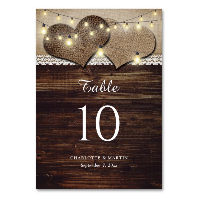 Rustic Wood String Lights Wedding Table Number (Front)