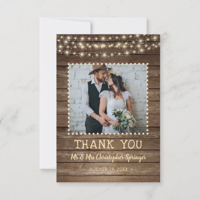 Rustic Wood String Lights Wedding Thank You (Front)