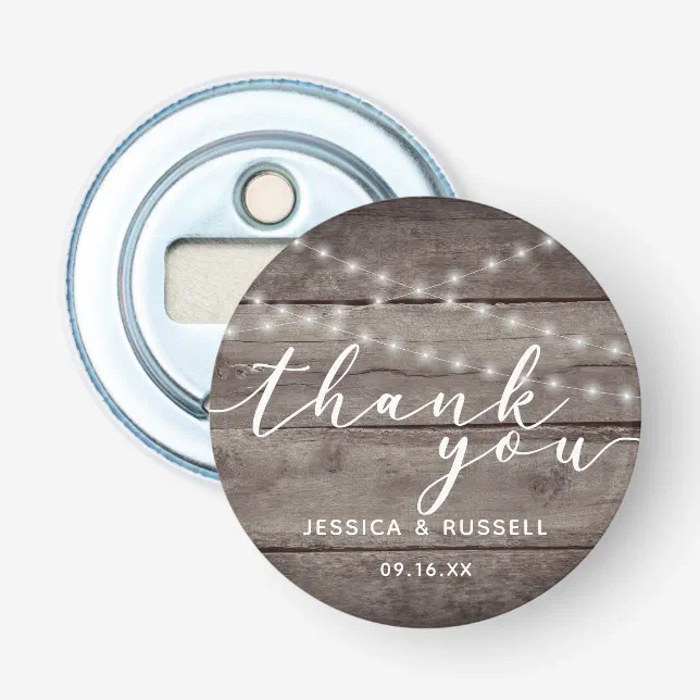 Rustic Wood String Lights Wedding Thank You Bottle Opener | Zazzle