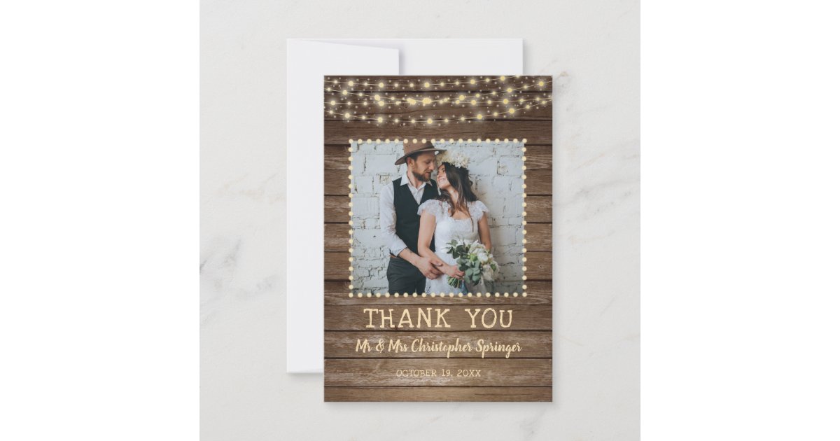 Rustic Wood String Lights Wedding Thank You Card | Zazzle