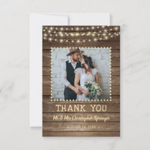 Rustic Wood String Lights Wedding Thank You Card