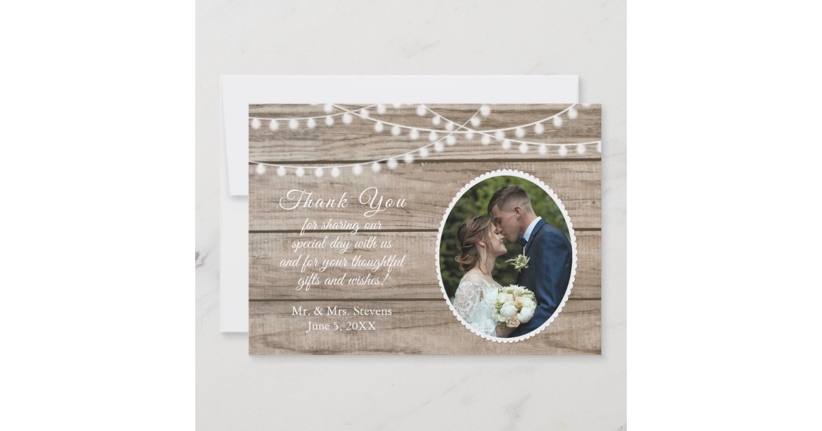 Rustic wood, string lights wedding thank you card | Zazzle