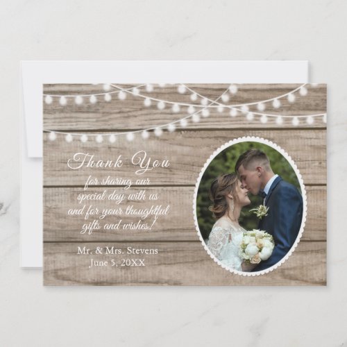 Rustic wood string lights wedding thank you card