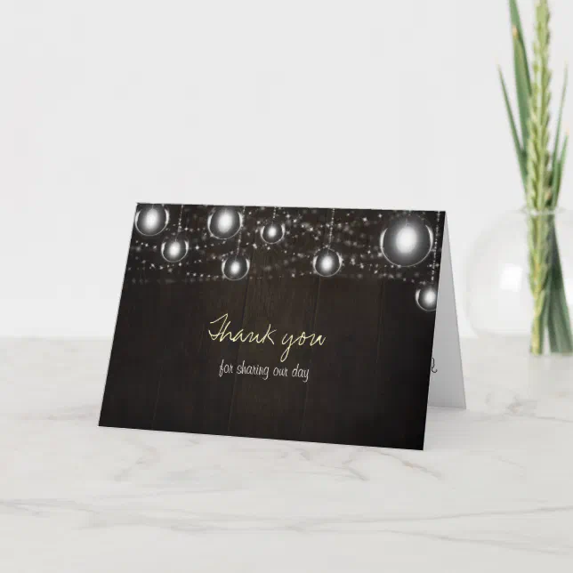 Rustic Wood String Lights Wedding Thank You Card | Zazzle