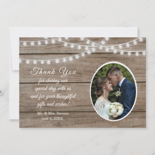 Rustic wood string lights wedding thank you card