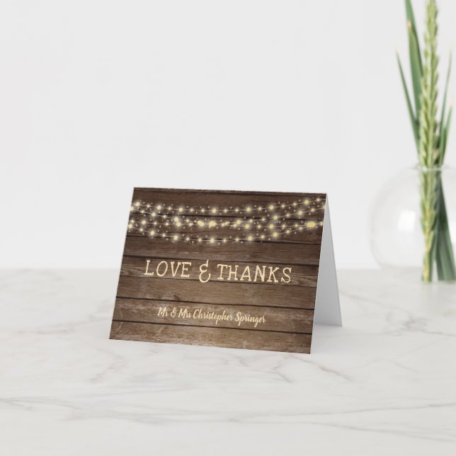 Rustic Wood String Lights Wedding Thank You Card (Front)