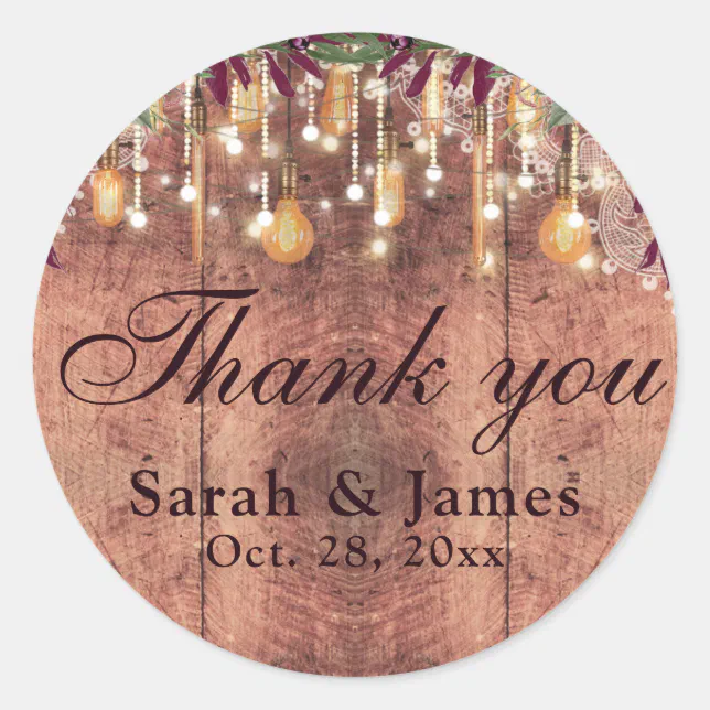 Rustic Wood & String Lights Wedding thank you Classic Round Sticker ...