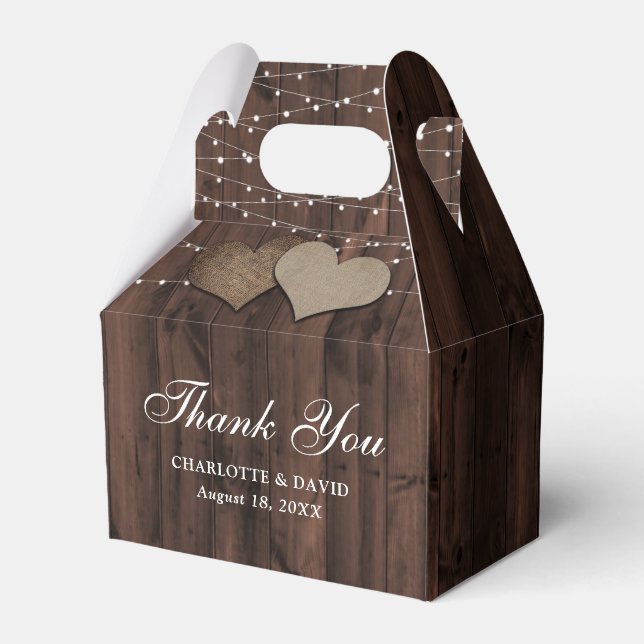 Rustic Wood String Lights Wedding Thank You Favor Boxes (Front Side)
