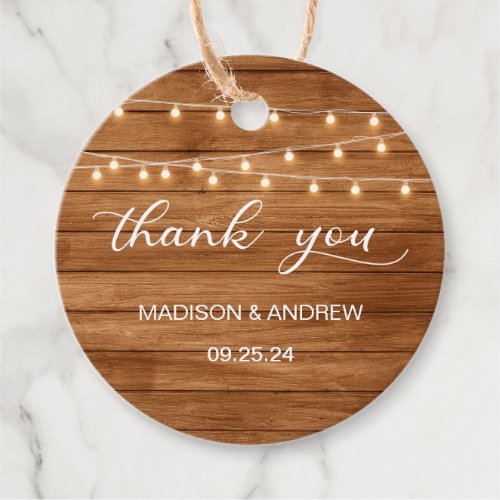 Rustic Wood String Lights Wedding Thank You Favor Tags