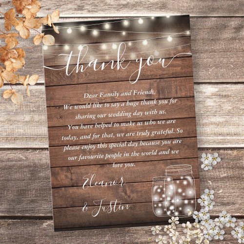 Rustic Wood String Lights Wedding Thank You Place Card