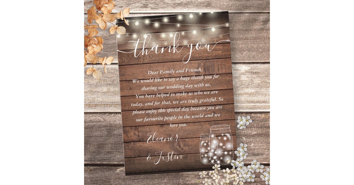 Rustic Wood String Lights Wedding Thank You Place Card | Zazzle