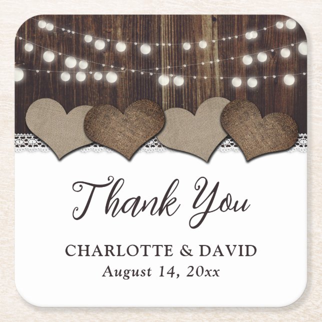 Rustic  Wood String Lights Wedding Thank You Square Paper Coaster (Front)
