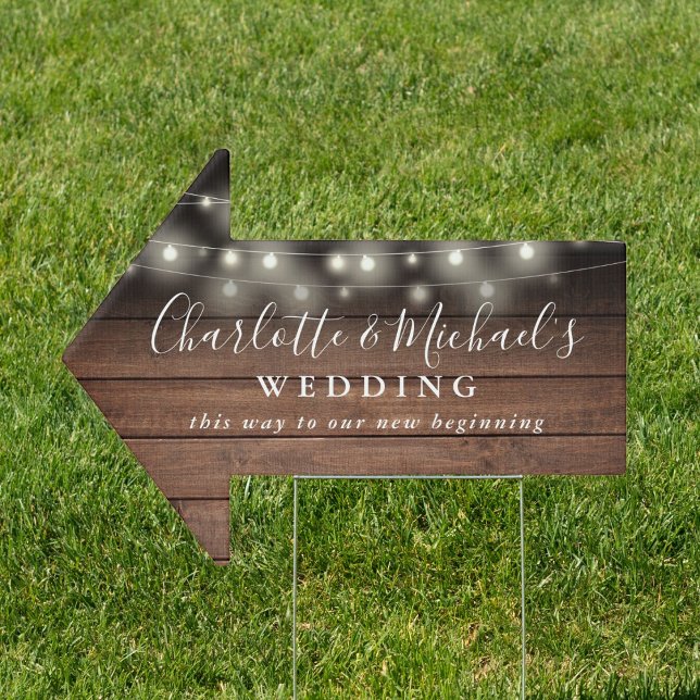 Rustic Wood String Lights Wedding This Way Arrow Sign (Rustic Wood String Lights Wedding This Way Arrow Sign)