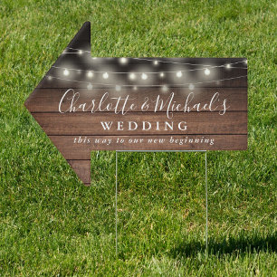 Rustic Wood String Lights Wedding This Way Arrow Sign