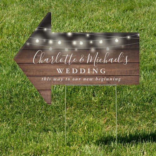 Rustic Wood String Lights Wedding This Way Arrow Sign