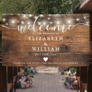 Rustic Wood String Lights Wedding Welcome Banner