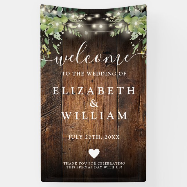 Rustic Wood String Lights Wedding Welcome  Banner (Vertical)