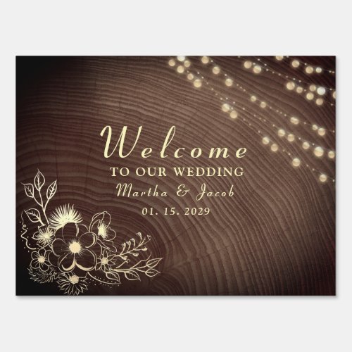 Rustic Wood String Lights Wedding Welcome Sign