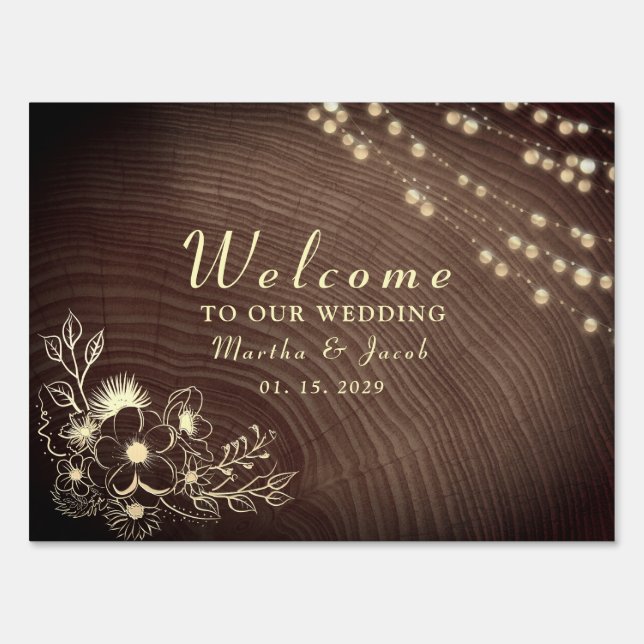 Rustic Wood String Lights Wedding Welcome Sign (Front)