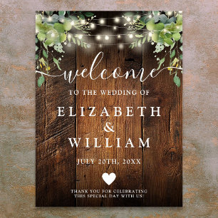 Rustic Wood String Lights Wedding Welcome Sign