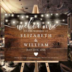 Rustic Wood String Lights Wedding Welcome Sign