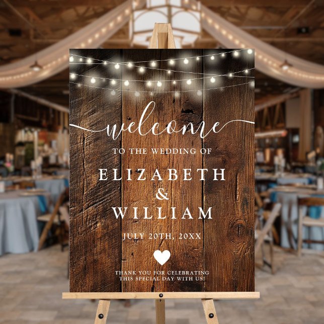 Rustic Wood String Lights Wedding Welcome Sign (Rustic Wood String Lights Wedding Welcome Sign)