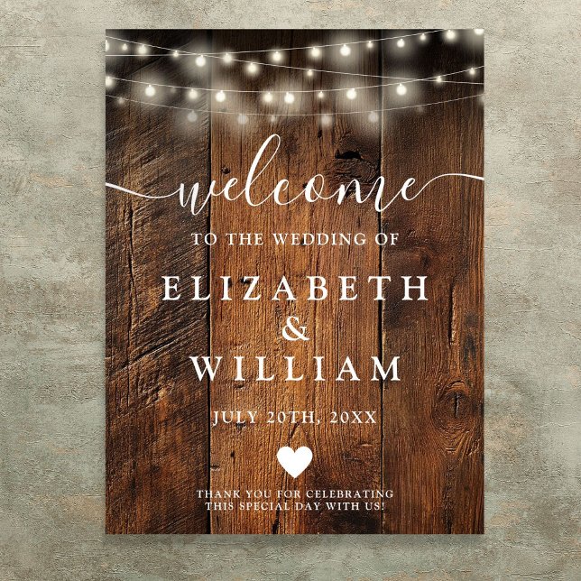 Rustic Wood String Lights Wedding Welcome Sign (Rustic Wood String Lights Wedding Welcome Sign)