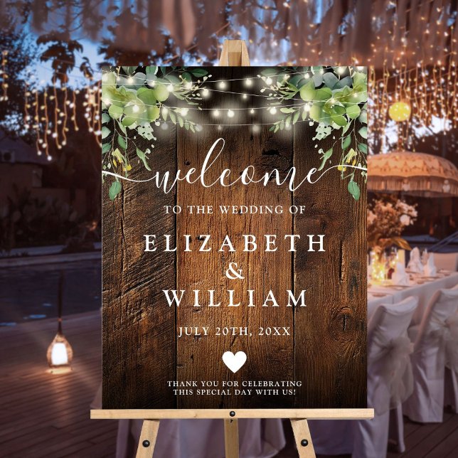 Rustic Wood String Lights Wedding Welcome Sign (Rustic Wood String Lights Wedding Welcome Sign)