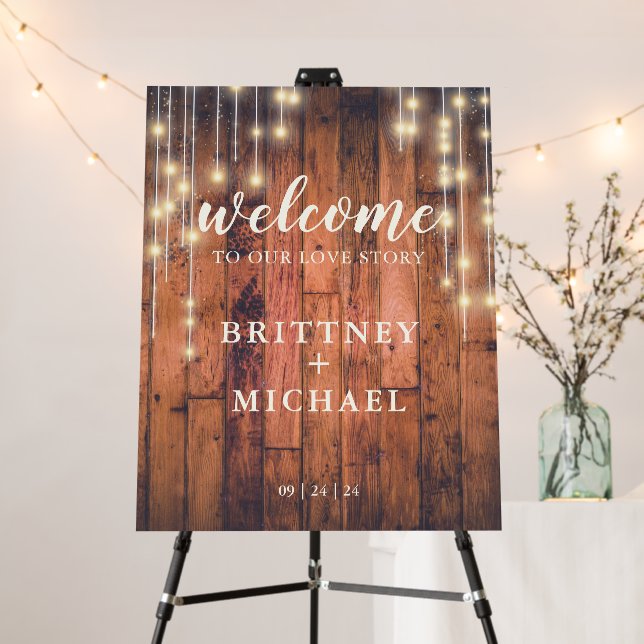 Rustic Wood String Lights Welcome Wedding Foam Board (In Situ (Stand))