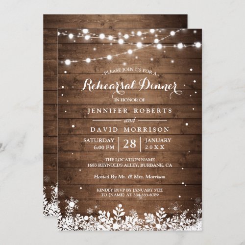 Rustic Wood String Lights Winter Rehearsal Dinner Invitation