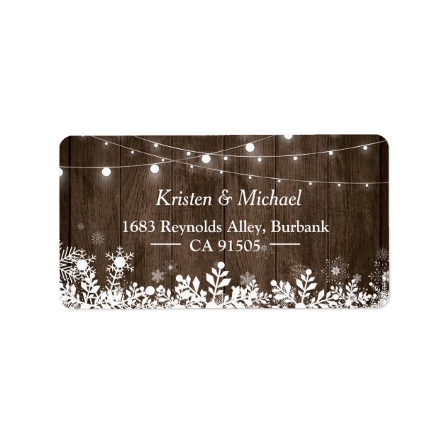 Rustic Wood String Lights Winter Snowflakes Label