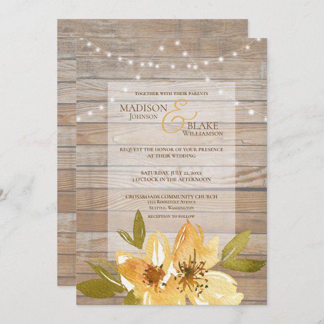 Rustic Wood String Lights Yellow Floral Wedding Invitation (Front/Back)