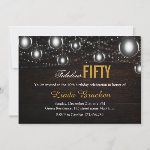 Rustic Wood String of Lights Fabulous Fifty Invite